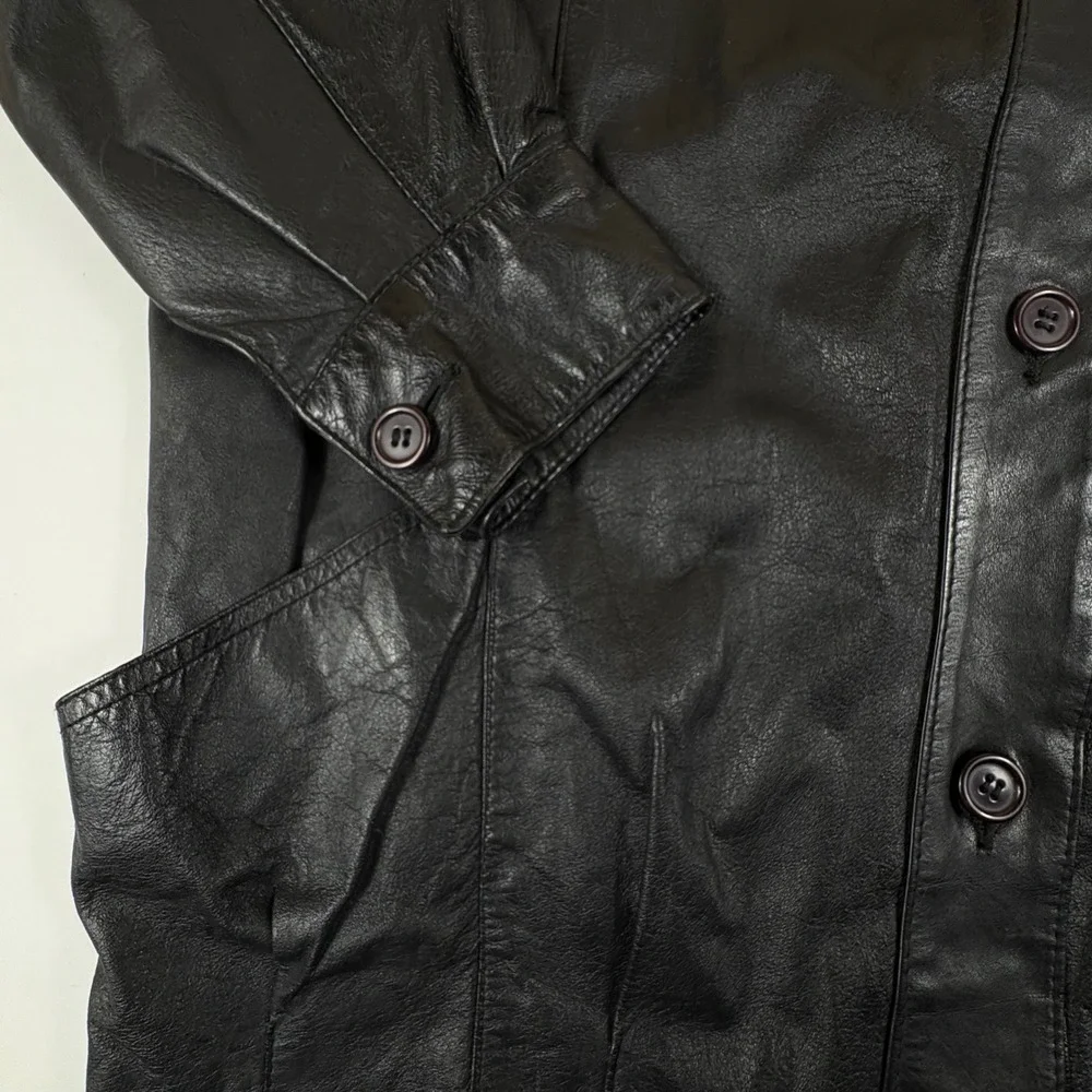 Vintage Black Leather Jacket Mens Small Minimalist‎ Button Front